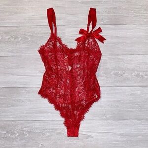 Red Lace Bodysuit with Bow Detail